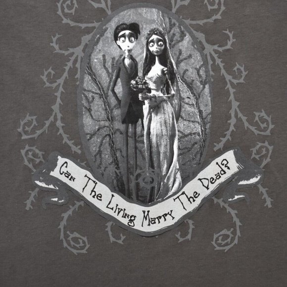 Corpse Bride Mens Can The Living Marry The Dead Victor & Emily Gray Shirt New - Picture 5 of 5